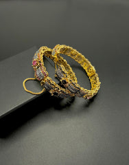 Antique Gold-Plated Filigree Kada Bangles with Micro-Pave Stone Accents and Safety Chain