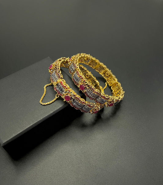 Antique Gold-Plated Filigree Kada Bangles with Micro-Pave Stone Accents and Safety Chain