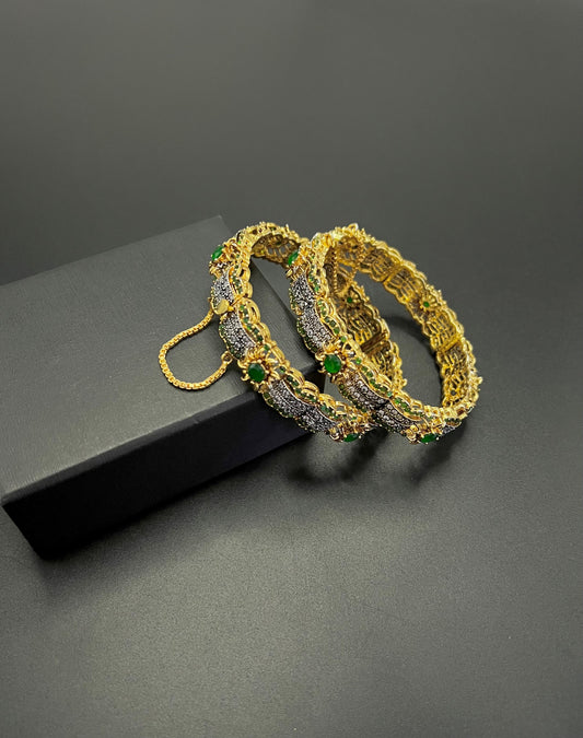 Antique Gold-Plated Filigree Kada Bangles with Micro-Pave Stone Accents and Safety Chain