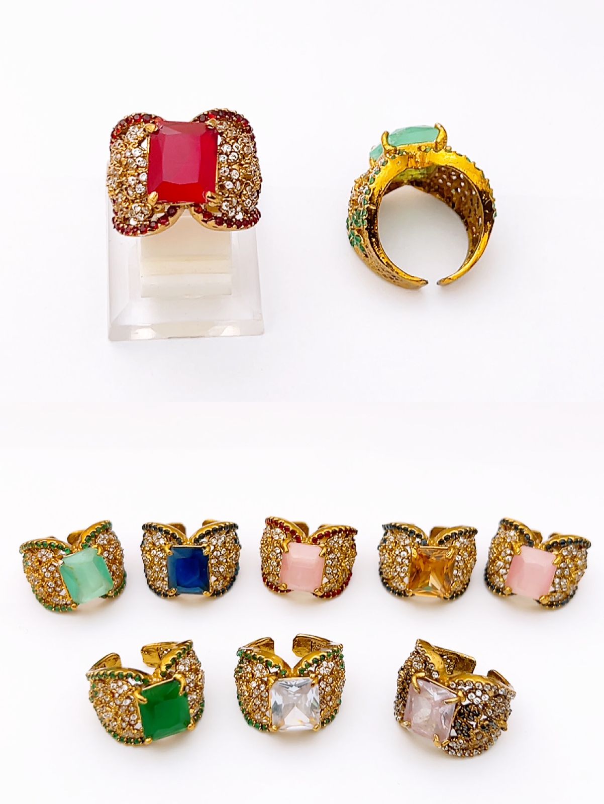 Vintage Rectangular Gemstone Statement Ring – Ornate Gold-Tone Adjustable Cocktail Ring