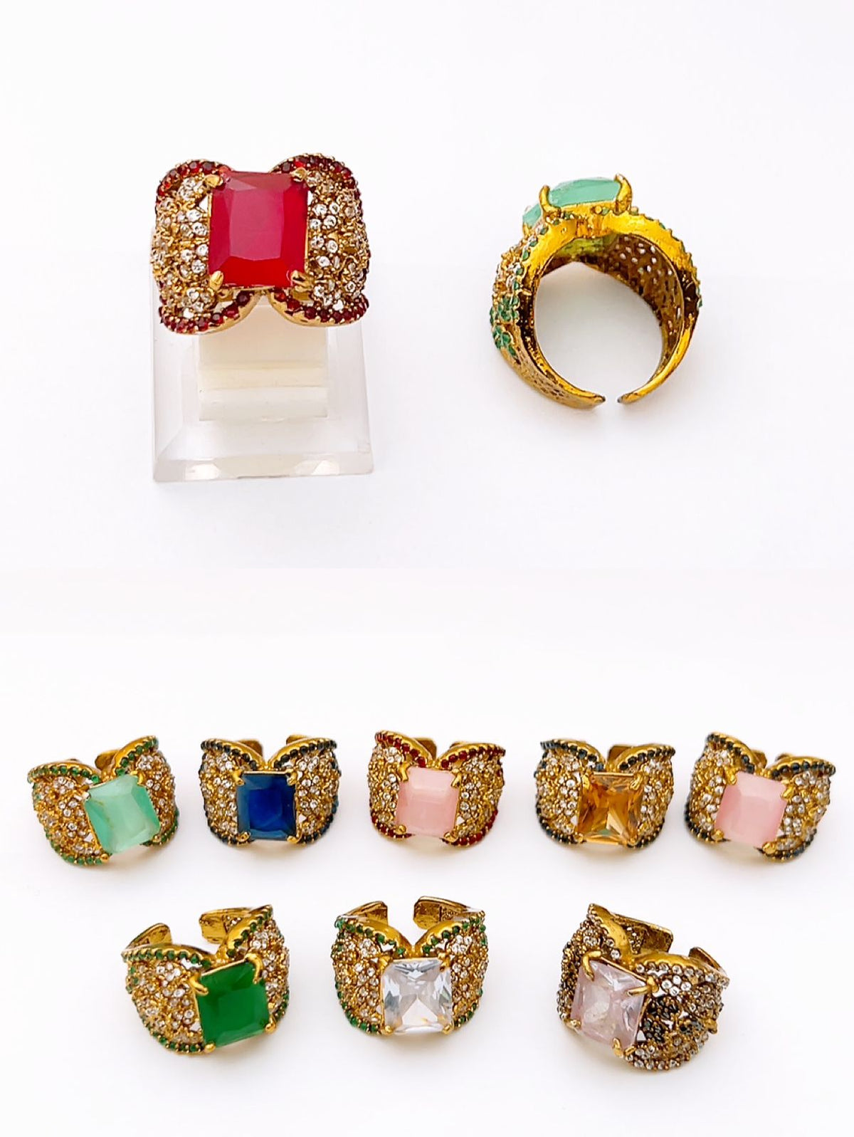 Vintage Rectangular Gemstone Statement Ring – Ornate Gold-Tone Adjustable Cocktail Ring