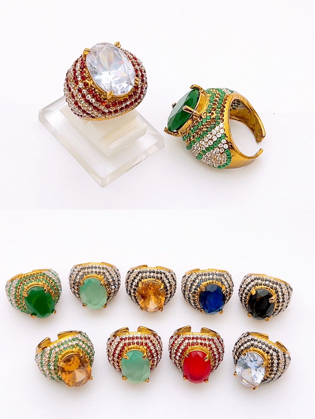 Royal Oval Gemstone Dome Ring – Ornate Gold-Finish Adjustable Statement Cocktail Ring