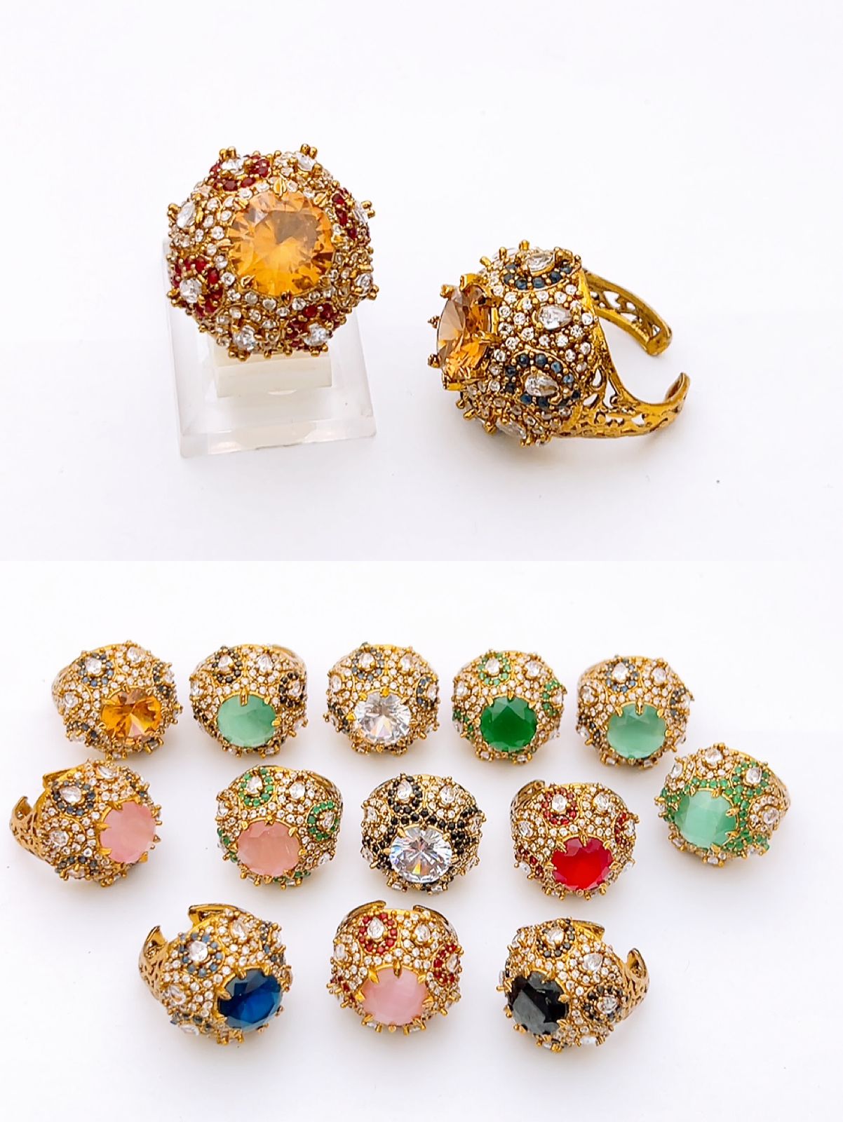 Royal Ottoman Dome Rings – Antique Gold Filigree Statement Jewelry with Multi-Colored Crystals