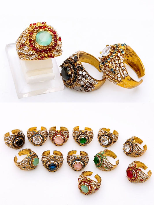 Imperial Ottoman Mosaic Rings – Antique Gold Filigree Statement Rings with Multi-Color Gemstones