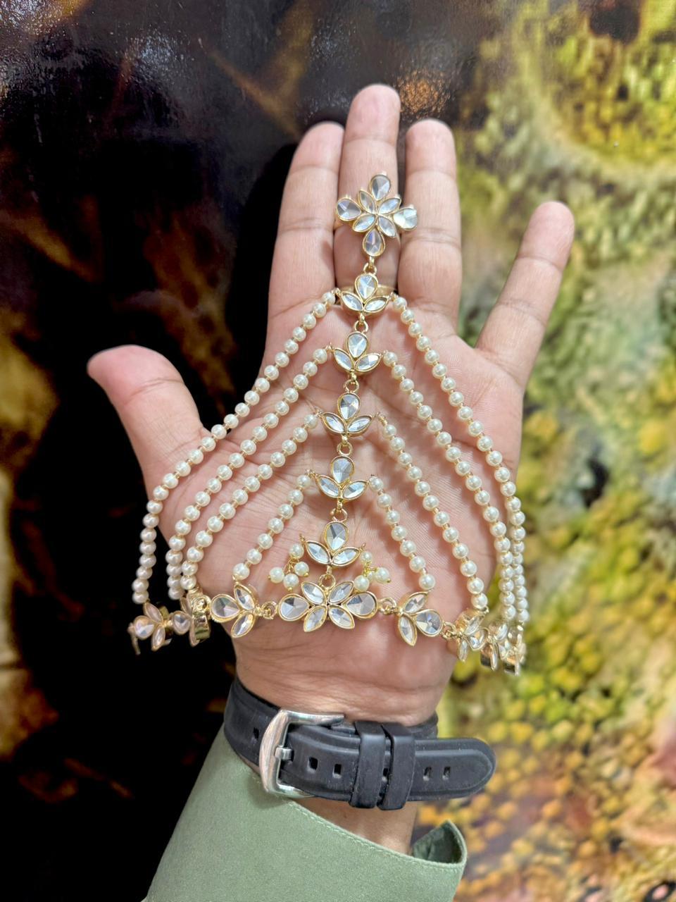 Ethereal Floral Pearl & Crystal Hand Harness - Bridal Hathphool