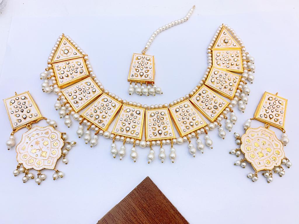 Royal Mirror Work Pearl Necklace Set with Matching Earrings