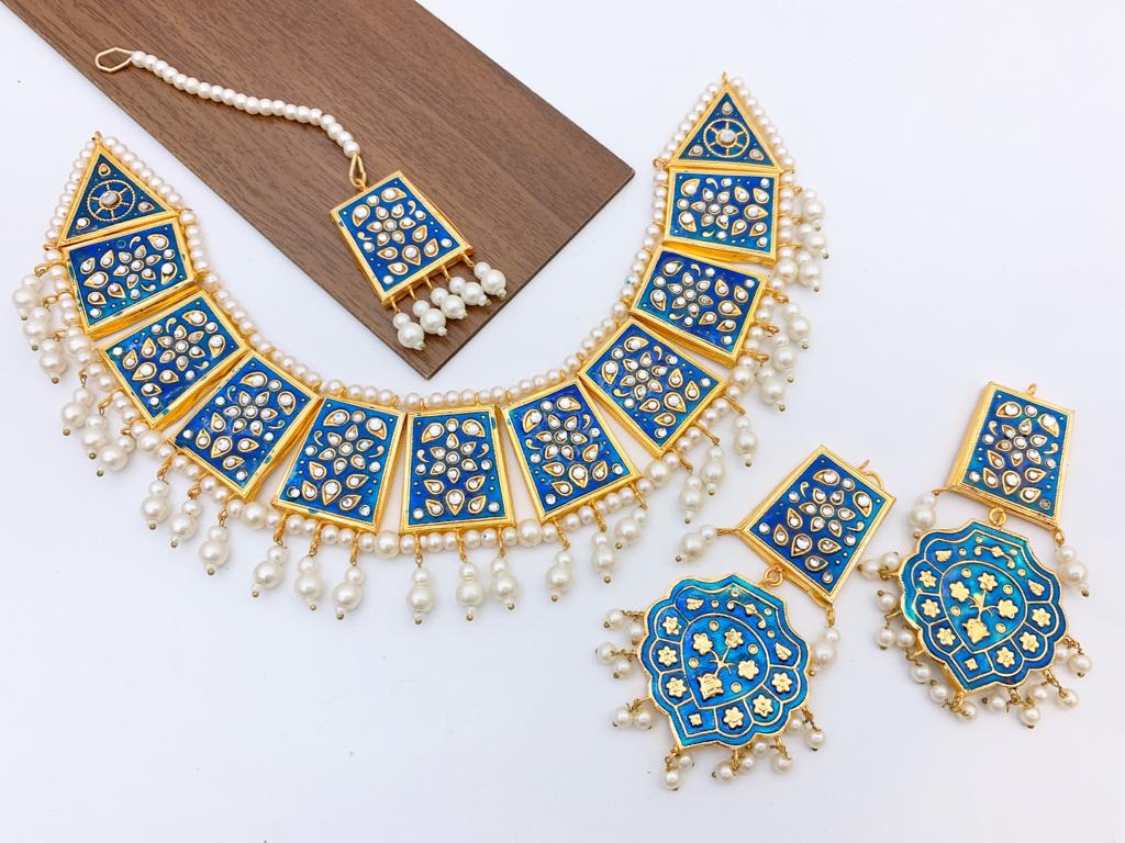 Royal Mirror Work Pearl Necklace Set with Matching Earrings