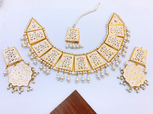 Royal Mirror Work Pearl Necklace Set with Matching Earrings