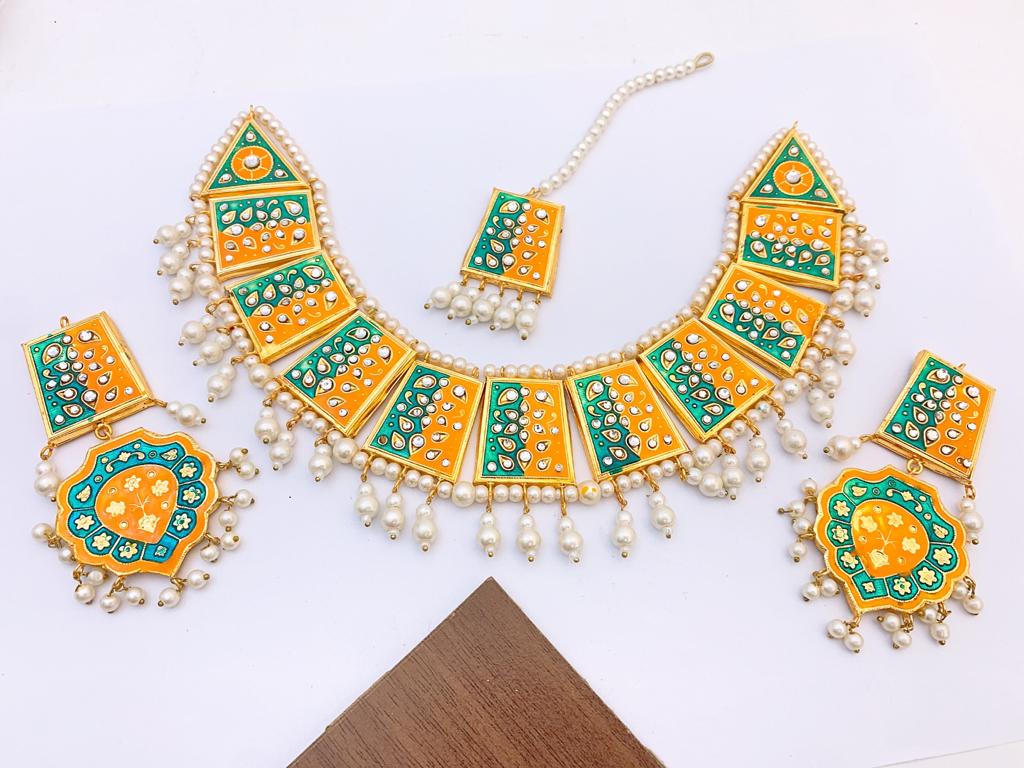 Royal Mirror Work Pearl Necklace Set with Matching Earrings