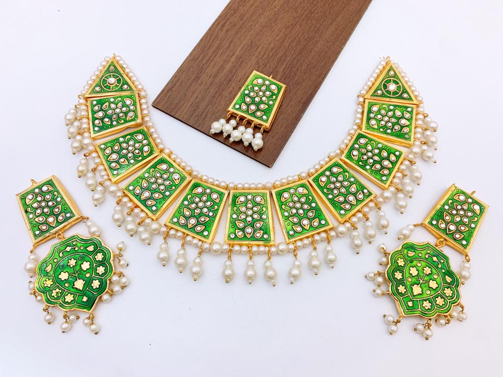 Royal Mirror Work Pearl Necklace Set with Matching Earrings