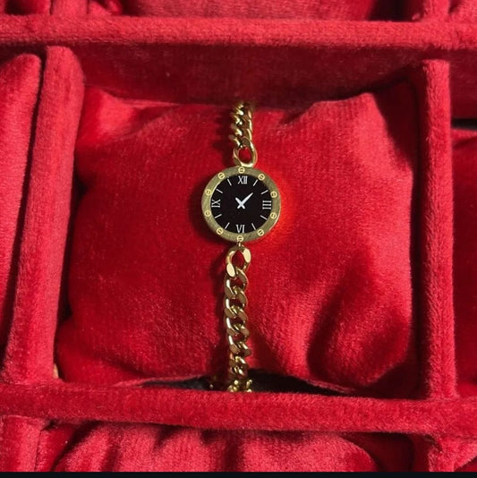 Classic Gold Chain Bracelet Watch – Round Black Dial Elegant Wrist Watch