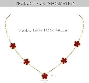 Elegant 5-Motif Clover Floral Station Necklace –Stainless Steel with Deep Red Acrylic Inlays – Adjustable 18" + 2" Extension