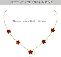 Elegant 5-Motif Clover Floral Station Necklace –Stainless Steel with Deep Red Acrylic Inlays – Adjustable 18" + 2" Extension