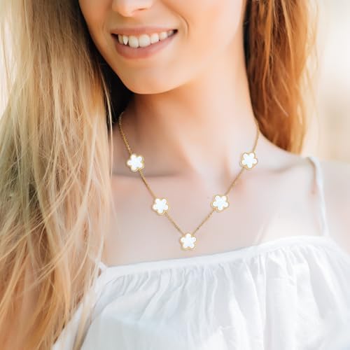 Delicate 5-Motif Flower Charm Chain in White Shell & Deep Red – Tarnish Resistant.