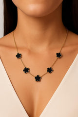 Elegant Black Onyx-Style 5-Motif Clover Necklace –  Floral Station Chain for Women