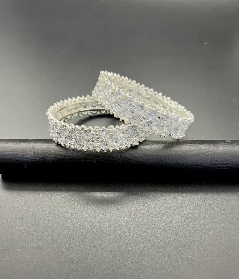 Luxury Zircon Design Bangles Premium Silver Finish (Set of 2)