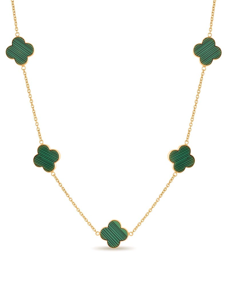 Elegant Malachite Green 5-Motif Clover Station Necklace – Classic Four-Leaf Lucky Clover Jewelry for Women