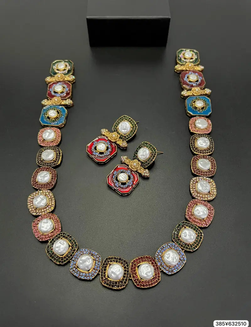 Elegant Enamel Pearl Choker Necklace Set