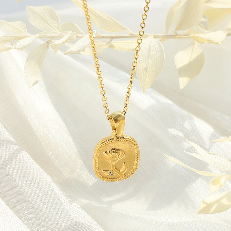 Rose Coin Pendant Necklace – Dainty Embossed Floral Medallion with Sparkling Zircon Accent for Women