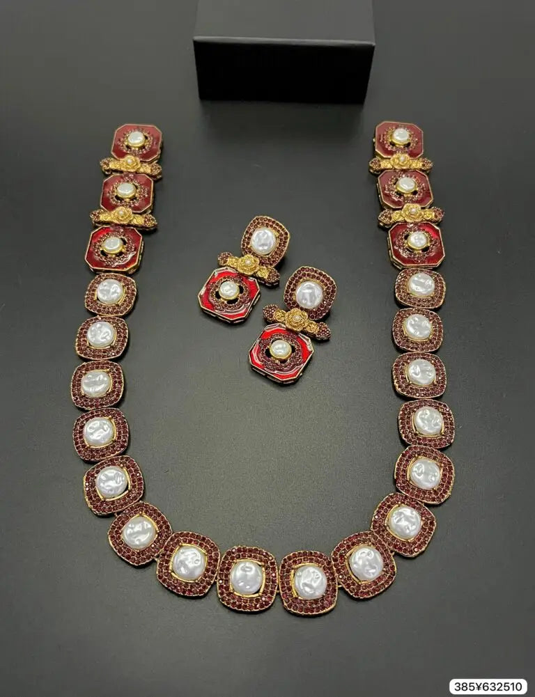 Elegant Enamel Pearl Choker Necklace Set