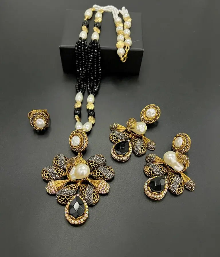 Royal Multicolor Kundan & Pearl Jewelry Set – Handcrafted Necklace, Earrings & Ring Ensemble