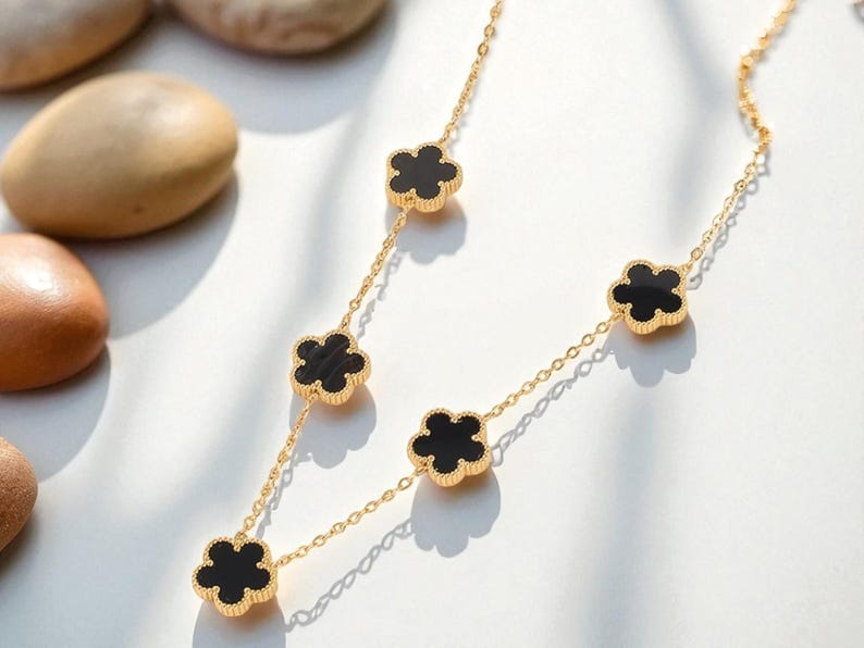 Elegant Black Onyx-Style 5-Motif Clover Necklace –  Floral Station Chain for Women