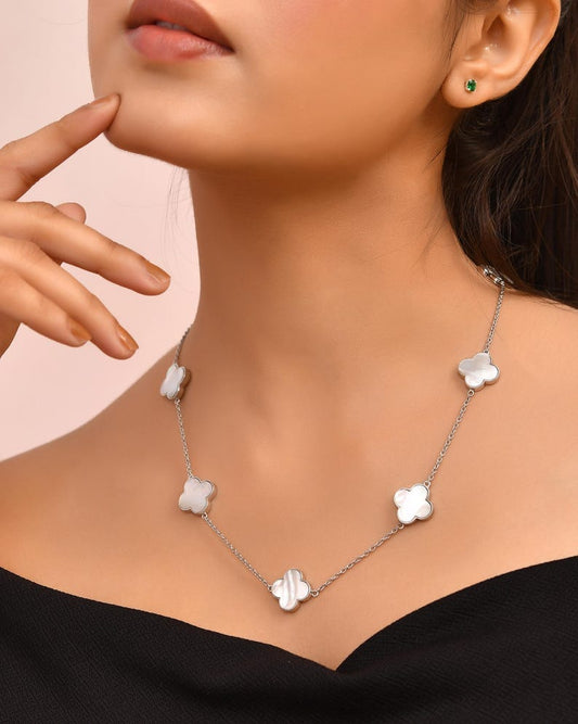 Serene White Clover Leaf Necklace – Silver Plated Minimalist Station Jewelry