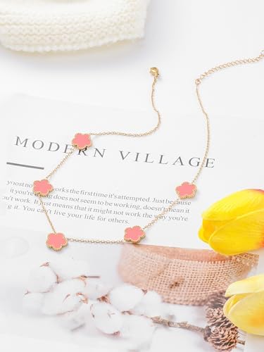 Elegant 5-Motif Pink Flower Station Necklace –Stainless Steel, Sweet Floral Charm Jewelry for Women & Girls