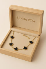 Elegant Black Onyx-Style 5-Motif Clover Necklace –  Floral Station Chain for Women