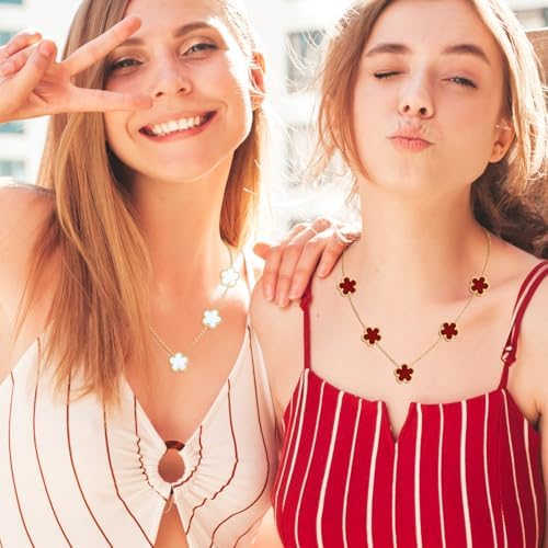 Elegant 5-Motif Clover Floral Station Necklace –Stainless Steel with Deep Red Acrylic Inlays – Adjustable 18" + 2" Extension