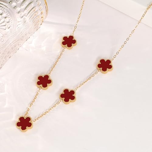 Elegant 5-Motif Clover Floral Station Necklace –Stainless Steel with Deep Red Acrylic Inlays – Adjustable 18" + 2" Extension