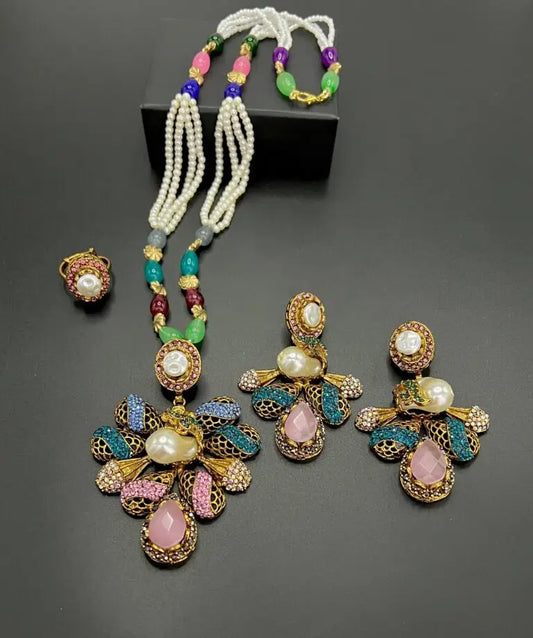 Royal Multicolor Kundan & Pearl Jewelry Set – Handcrafted Necklace, Earrings & Ring Ensemble