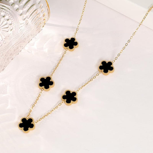Elegant Black Onyx-Style 5-Motif Clover Necklace –  Floral Station Chain for Women