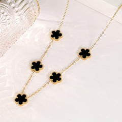 Elegant Black Onyx-Style 5-Motif Clover Necklace –  Floral Station Chain for Women