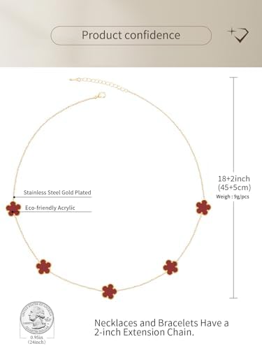 Elegant 5-Motif Clover Floral Station Necklace –Stainless Steel with Deep Red Acrylic Inlays – Adjustable 18" + 2" Extension