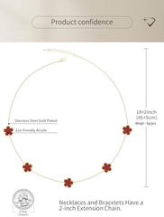Elegant 5-Motif Clover Floral Station Necklace –Stainless Steel with Deep Red Acrylic Inlays – Adjustable 18" + 2" Extension
