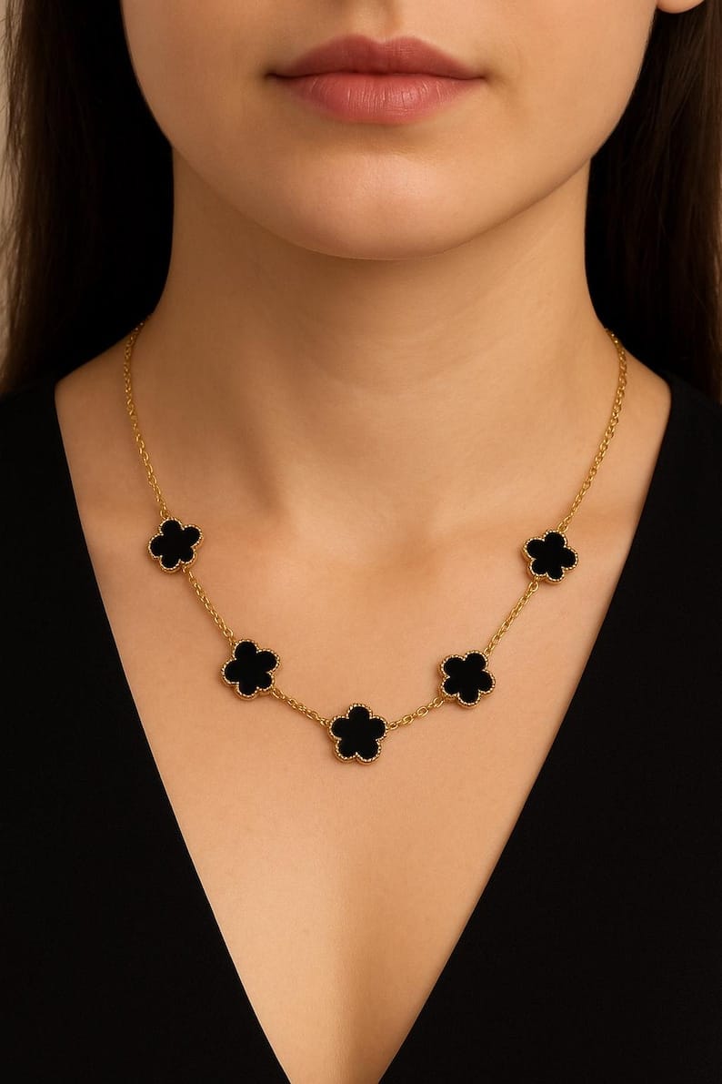 Elegant Black Onyx-Style 5-Motif Clover Necklace –  Floral Station Chain for Women