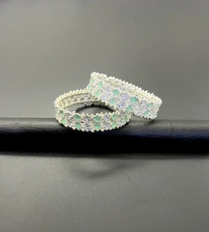 Luxury Zircon Design Bangles Premium Silver Finish (Set of 2)
