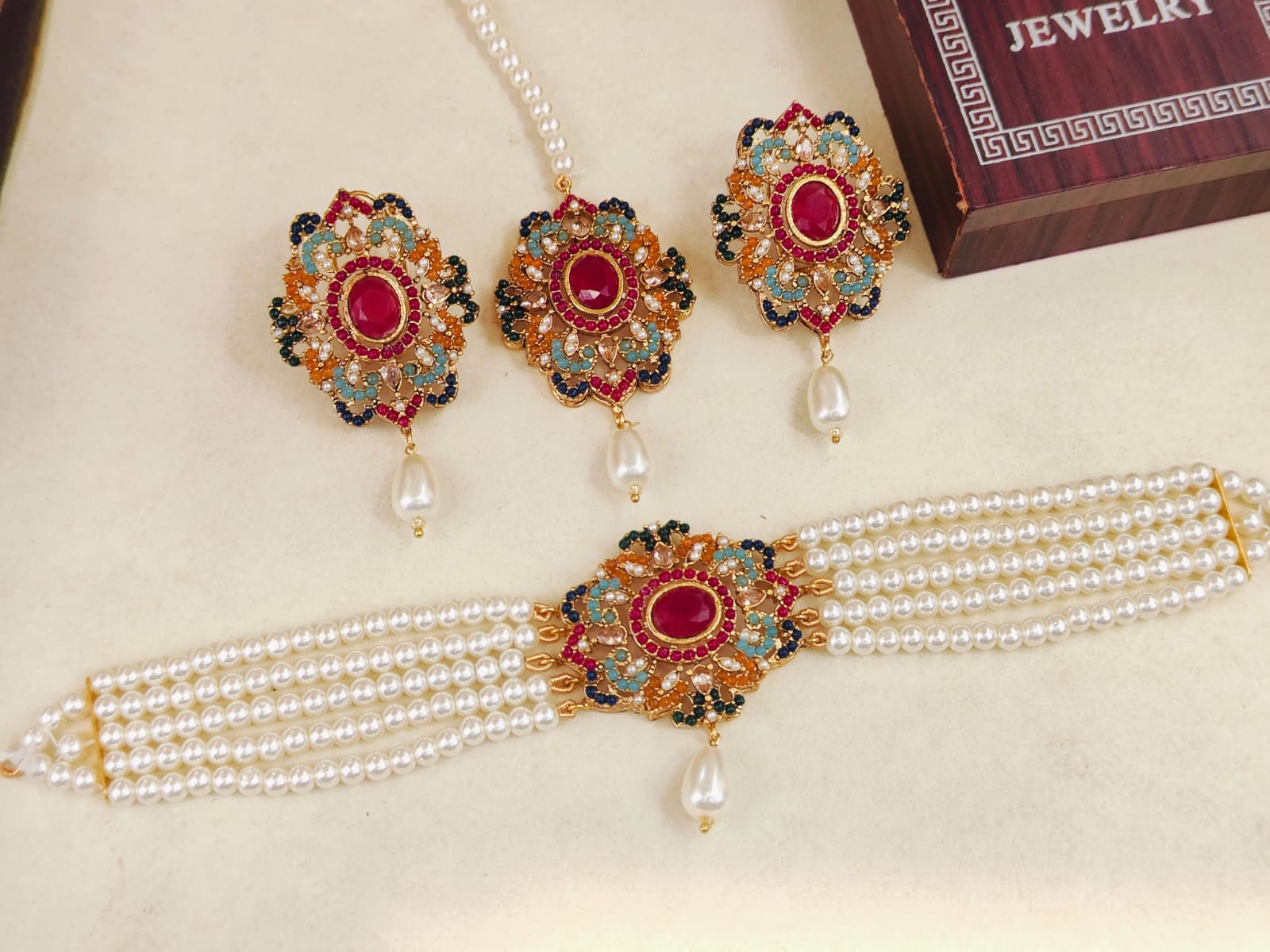 Exquisite 4-Piece Kundan & Multi-Color Meenakari Pearl Choker Set – Includes Maang Tikka & Earrings