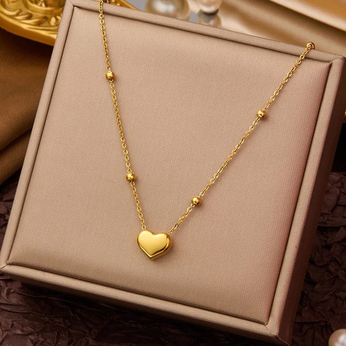 Minimalist Puffy Heart Station Necklace – Stainless Steel Gold Heart Charm Jewelry