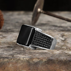 The Black Enamel Greek Key Men's Signet Ring