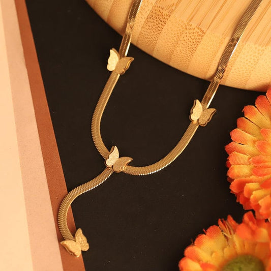 Frosted Butterfly Charm Drop Necklace – Minimalist Gold Herringbone Snake Chain Jewelry