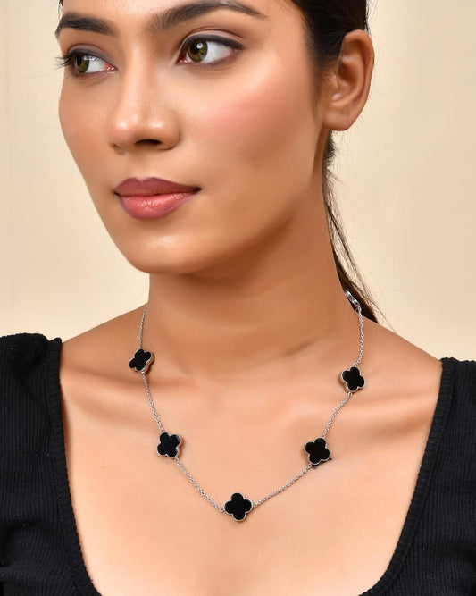 Black Onyx-Inspired Four-Leaf Clover Motif Necklace