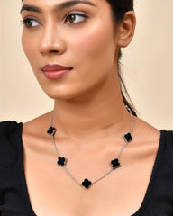 Black Onyx-Inspired Four-Leaf Clover Motif Necklace