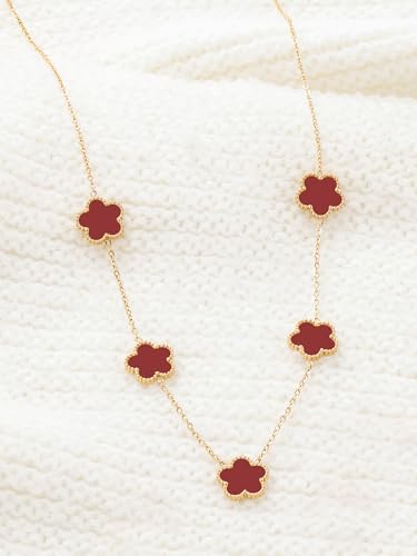 Elegant 5-Motif Clover Floral Station Necklace –Stainless Steel with Deep Red Acrylic Inlays – Adjustable 18" + 2" Extension