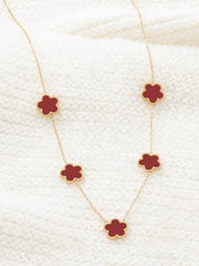 Elegant 5-Motif Clover Floral Station Necklace –Stainless Steel with Deep Red Acrylic Inlays – Adjustable 18" + 2" Extension