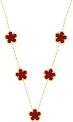Elegant 5-Motif Clover Floral Station Necklace –Stainless Steel with Deep Red Acrylic Inlays – Adjustable 18" + 2" Extension