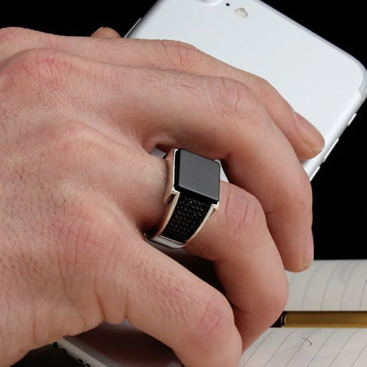 The Black Enamel Greek Key Men's Signet Ring