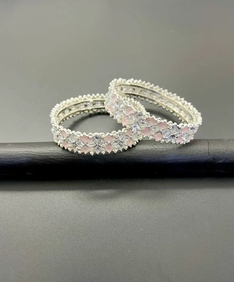 Luxury Zircon Design Bangles Premium Silver Finish (Set of 2)