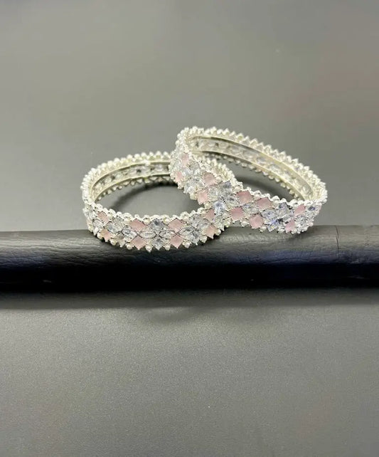 Luxury Zircon Design Bangles Premium Silver Finish (Set of 2)